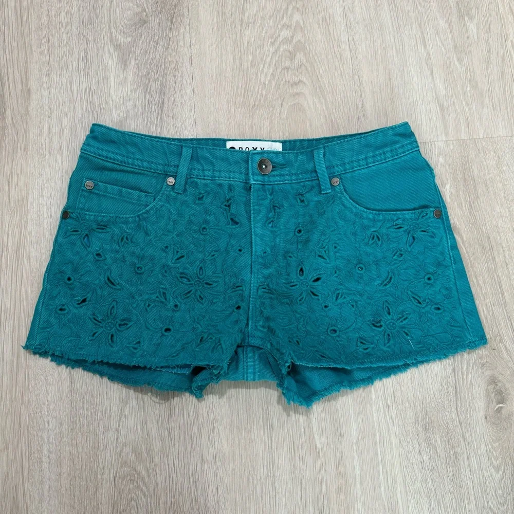 Kids Roxy Girls Teal Blue Denim Jean Shorts Lace Crochet XL Size 14